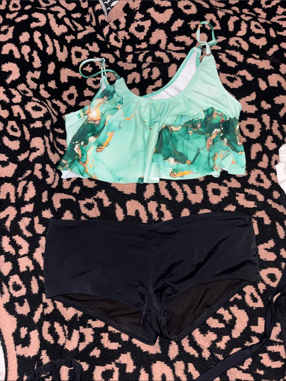 Mint Marble Ruffle Tankini Top with Black Swim Shorts - Women Swim